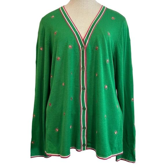 Quaker Factory silk bright green v neck bumblebee cardigan with pink detail med - Picture 1 of 12